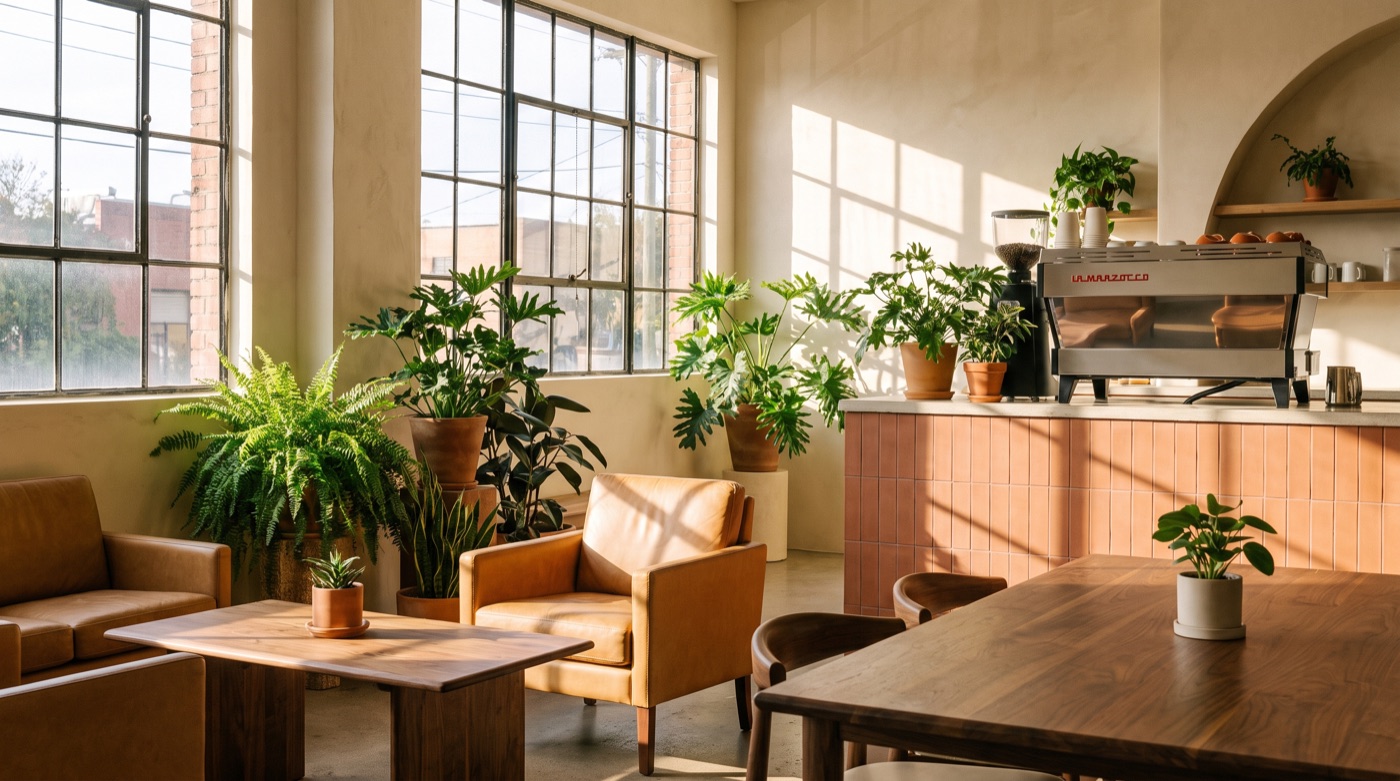 Mokka's warm cafe interior with leather chairs and plants